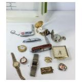 Two pocket watches, watch parts, multi knife, and