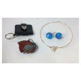 World globe earrings, necklace, leather key