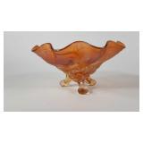 Carnival glass trifooted ruffle bowl with cherry