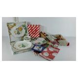 Group lot of seasonal items. Plates, rug,