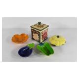 Ceramic group, poinsettia canister, leaf bowl and