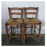 Two ladder back stools with woven seats, 24",