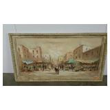 Large painting on canvas, street scene, 53.5 x