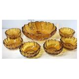 Amber colored glassware, center bowl with six