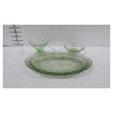 Three pieces of green depression glass, includes