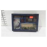 Military shadow box, includes beans, tools,