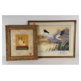 Two decor prints, dog on bed 19x2, framed and