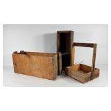 Two wooden crates and a signed basket