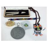 Parker pen set, beaded necklace and bracelet,