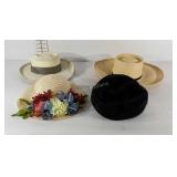 Hats, three straw hats, one with everlasting