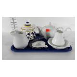 Ceramics, includes pitchers, teapot, covered jar