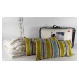 Bed linens, throw pillows, twin bed topper, and