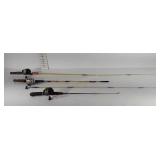 Three fishing rods and reels, all Zebco reels,