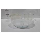 Glass bake, includes divided dish, measuring cup