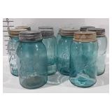 Ten ball Mason jars with zinc lids and milk glass