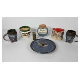 Pottery group, 8" clock, senior moment jar, two