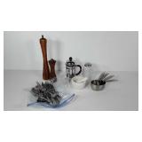 Kitchenwares,  pepper grinders, flatware, mortar