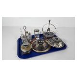 Metalware serving pieces, grinder, jelly bowl,