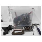 Tools, storage tote full of C-clamps, hammers,