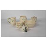 Six pieces of Belleek porcelain, includes teapot