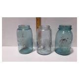 Three blue canning jars: Ball mason, ball perfect