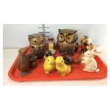 Animal figurines and owl bank