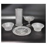 English hobnail glass, 10" vase, two 6" bowls,