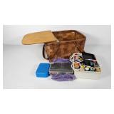 Splint picnic basket filled with sewing supplies
