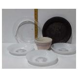 2 pie plates, small mixing bowl and Saucers