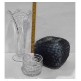 Three-piece home decor:  tall clear  vase, jar and