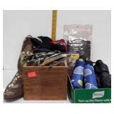 Wooden box with sign graphic computer manual and