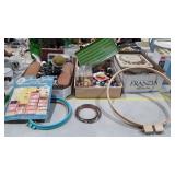 Boxes of Sewing and embroidery hoop lot, notions,
