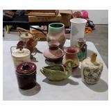 Pottery decor group, vases, rooster figurine,