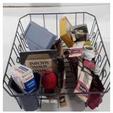 Dish drying rack full of sewing supplies