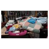 Linens and blankets: quilt, pillow cases, kitchen