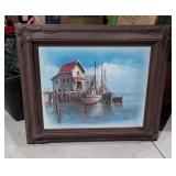 Painting on canvas, boats at marina 32x 30 inches