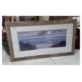 Large sea shore picture with boats, framed and