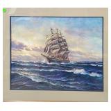 Ship at sea picture, framed and matted 34 x 30