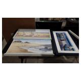 3 beach scene pictures, two pictures on canvas of