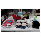 Group lot of glass vases, ceramic mugs, cracker