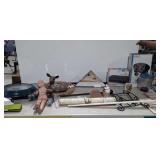 Miscellaneous home decor signs, old doll, clock,