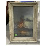 Framed Volcano print with ships in ocean, old