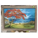 Framed Oil on canvas cabin & ocean, signed L.