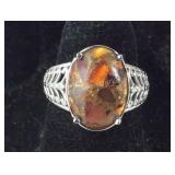 Matrix fire opal solitaire ring platinum bond