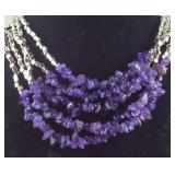 Amethyst chip and glass bead earrings and 24in
