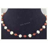 20in Sterling red agate and freshwater pearl bead