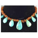 Sterling silver Amber and turquoise necklace 14in