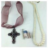 Ribbon Cross Necklace, US Flag Pin & Broken Pearl