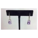 Checker Cut Amethyst Leverback Dangle Earrings