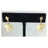 14K Vintage Carved Elephant Post Dangle Earrings
